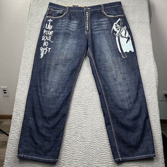 Imperious Delf Trading Jeans Angel Wings Grim Reaper 44x32 True Size Mens Blue - Picture 1 of 10